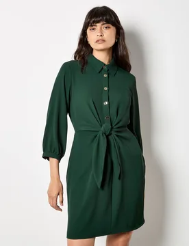 Women's Tie Front Shirt Mini Dress in Green Size: 8 - Green - Size: 8 - Apricot - FashionsVida