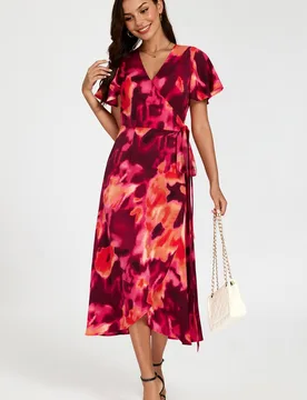 Women's Abstract Print Wrap Maxi Dress In Burgundy Size: XS - Burgundy - Size: XS - FS Collection - FashionsVida