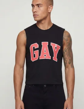 Mens Shrunken Boxy Gay Slogan Tank - Black Cotton - Size 4xl - boohooMAN - FashionsVida