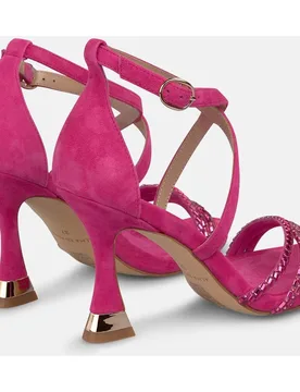 Sandalias de tacón de mujer en piel con tiras frontales con transfer y cierre de hebilla - Alma en Pena - FashionsVida