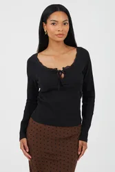 Women's Ribbed Long Sleeve Top With Lace Trim in Black Size: Small - Black - Size: S