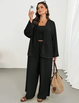 Conjunto de 3 piezas para mujer talla grande, top bandeau fruncido de unicolor, cárdigan de manga larga y pantalones de pierna ancha, estilo casual t - Shein - FashionsVida