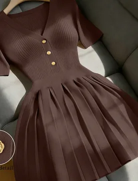 Vestido de punto casual y elegante de uso diario y versátil con cuello en V, hombros rectos y manga corta, talla grande con ajuste ceñido, diseño d - Shein - FashionsVida