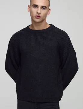 Mens Boxy Fit Ribbed Knitted Jumper - Charcoal - Size Small - boohooMAN - FashionsVida