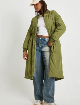 Womens Maxi Cinched Bomber Jacket - Khaki Nylon - Size 14 Uk - Boohoo - FashionsVida