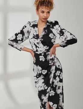 Women's Satin Floral Shirt Dress in Black Size: 16 - Black - Size: 16 - Jolie Moi - FashionsVida