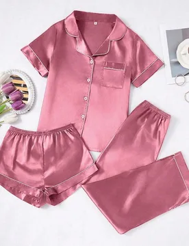 Set de pijama de 3 piezas para mujer de unicolor con ribete de contraste en seda sintética - Shein - FashionsVida