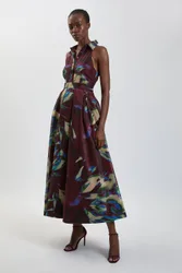 Women's Abstract Print Organza Collared Maxi Dress in Burgundy Size: 6 - Burgundy - Size: 6
