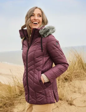 Steppjacke mit Webpelz-Kapuze - Bordeaux - female - Size: 44 - GINA S by Scherer - FashionsVida