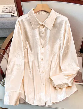 Blusa de manga larga para mujer talla grande, con estampado de estilo chino, acabado satinado brillante, ajuste regular, gráfico romántico rosa 3D, - Shein - FashionsVida