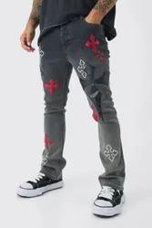 Herren Skinny Stretch Schlaghose mit Kreuz-Applikation Charcoal Größe 75R