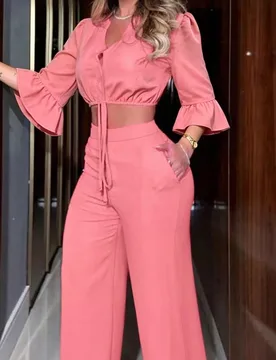 Conjunto de top y pantalones de unicolor elegante para mujer, atuendo minimalista casual de 2 piezas en color rosa XL - Shein - FashionsVida
