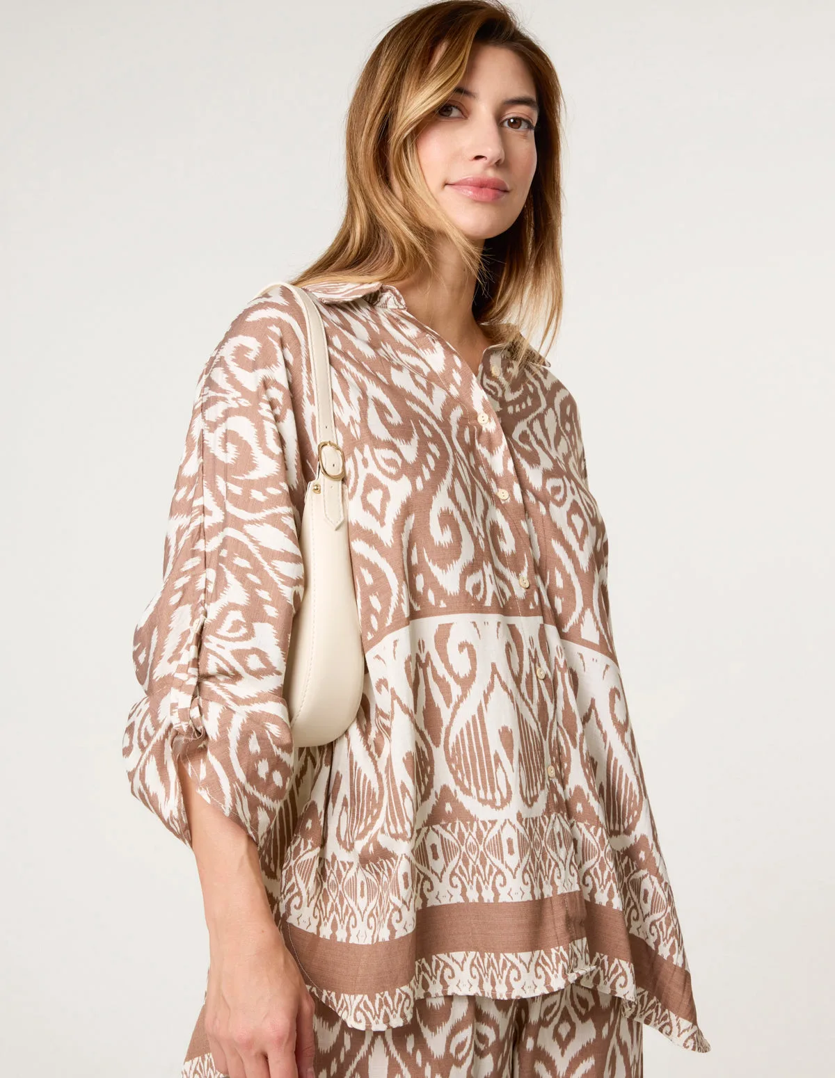 Printed Oversized Shirt - ONE / MOCHA - female - Blue Vanilla - FashionsVida