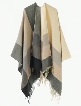 Pieza Chaqueta poncho chal minimalista de mujer con bloques de color a rayas y patchwork de cuadros, bufanda chal con flecos para otoño/invierno, cas - Shein - FashionsVida