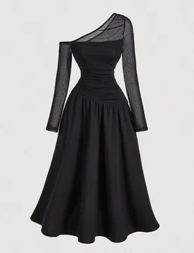 Vestido negro de manga larga asimétrico con plisados, elegante y romántico, para outfit de mujer brunch S - Shein - FashionsVida