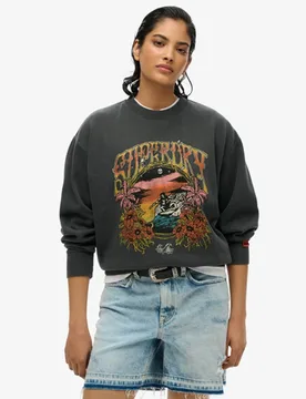 Superdry Damen Lockeres Psych Surf Sweatshirt mit Rundhalsausschnitt Schwarz - Größe: 36 - 64.99 - FashionsVida