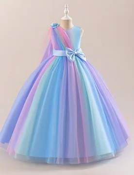 Vestido de actuación especial arcoíris azul para niñas, vestido largo elegante con degradado colorido, top sin mangas con lazo para niñas, vestido - Shein - FashionsVida