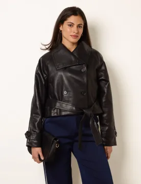 Double Breasted Leather Look Jacket - M / BLACK - female - Blue Vanilla - FashionsVida