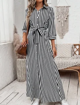 Vestido camisero de rayas con cinturón para mujer de largo maxi M - Shein - FashionsVida