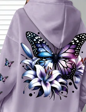 Sudadera con capucha ligera de talla grande para mujer, otoño/invierno, estampado de mariposa y lirio en azul y púrpura de ensueño, manga larga cas - Shein - FashionsVida