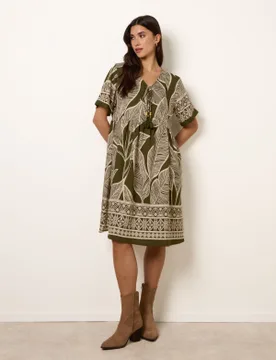 Dress With Tropical Leaf Print - S/M / KHAKI - female - Blue Vanilla - FashionsVida