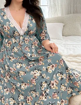 Vestido de dormir con estampado floral y cuello en V con ribete de encaje, atuendo acogedor para otoño e invierno, talla grande - Shein - FashionsVida
