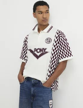 Mens Top White Oversized Check Print Polo Collared - Ecru Cotton - Size Large - River Island - FashionsVida