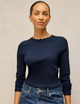 Cotton Rich Jersey Scallop Trim Ribbed Top Navy female - White stuff - FashionsVida