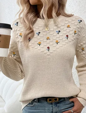 Jersey con bordado floral, parte superior de punto de manga larga, jersey de punto para otoño e invierno L - Shein - FashionsVida