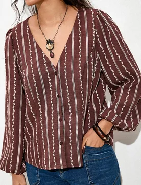 Camisa de Cuello en V con Botones Jacquard de Moda para Vacaciones Talla Grande 0XL - Shein - FashionsVida