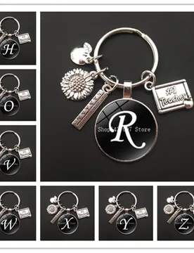 Charm Apple Keychain Teacher's Day Gift Keychain Glass Round A-Z Car Bag Pendant Keychain Thank you teacher for lighting - Aliexpress - FashionsVida