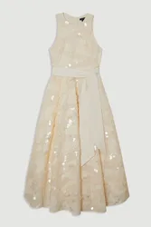 Womens Sequin Floral Belted Woven Maxi Prom Dress - Pink - Size 8 Uk