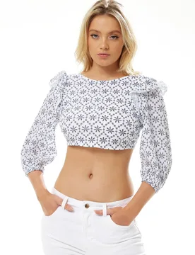 Women's Open Back Floral Crop Top in White Size: Large - White - Size: L - Liquorish - FashionsVida