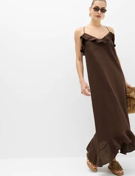 Linen Cotton Blend Ruffle Maxi Dress Peat female - M&S - FashionsVida