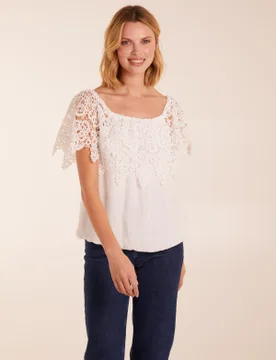 Crochet Lace Milkmaid Puff Ball Top - S / IVORY - female - Blue Vanilla - FashionsVida