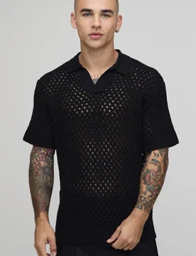 Mens Relaxed Open Stitch Knitted Polo - Black - Size 2xl - boohooMAN - FashionsVida