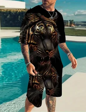 Fashion Men's Sportswear Suit Printed Tiger Pattern Oversized Men's Top Y2K Style Breathable Fresh Short Sleeve Shorts Suit - Aliexpress - FashionsVida