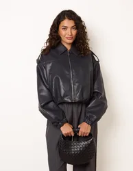 Puffball Zip Front PU Leather Jacket - S / NAVY - female