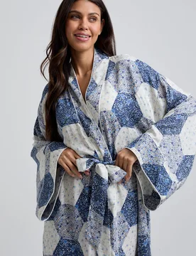 Corina Kimono Style Aster Patchwork Print Robe In Blue - S - Lily and Lionel London Limited - FashionsVida