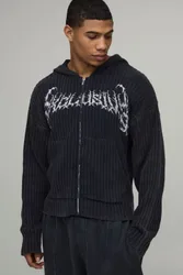 Mens Boxy Acid Wash Gothic Ribbed Hoodie - Grey Cotton - Size X-Large