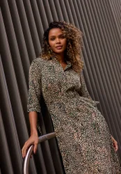 Claire Button Down Leopard Print Midi Dress In Green - 8