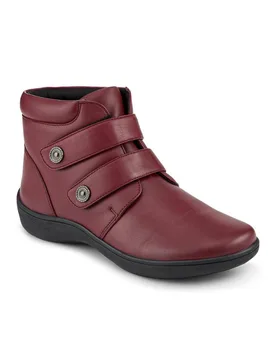 Women's Wide Fit Leather Touch Fasten Boots in Burgundy Size: 6 - Burgundy - Size: 6 - Pavers - FashionsVida