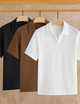 Camisas polo para hombre, paquete de 3 de manga corta, polo con cuello Johnny, polo texturizado, top de verano arrugado, estética de dinero antiguo, - Shein - FashionsVida