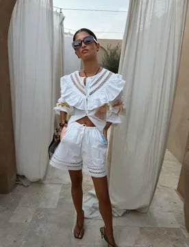 Pure Cotton Ruffle Detail Blouse White Mix female - Never Fully Dressed - FashionsVida
