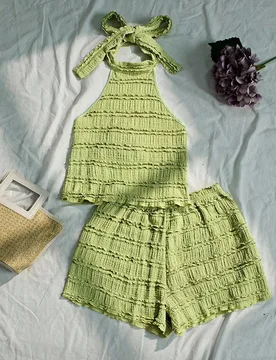 Conjunto de dos piezas de top de tirantes casual de cuello redondo verde y pantalones cortos sueltos para mujer, primavera/verano L - Shein - FashionsVida