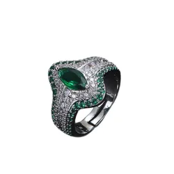 Exquisite Full Zircon Inlaid Emerald Ring Vintage Heavy Design Silver Tone Female Luxury Finger Ring Jewelry