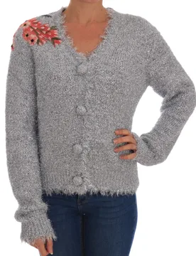 Womens Silver Cardigan Floral Applique Sweater - Multicolour Nylon - Size Large - Dolce & Gabbana - FashionsVida