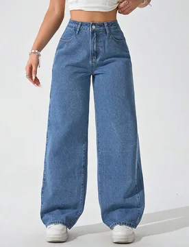 Pantalones de mezclilla casuales versátiles de pierna ancha con bolsillos y ajuste holgado para mujeres, mujeres de talla pequeña Petite XS - Shein - FashionsVida
