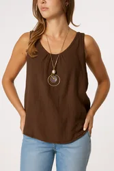 Sleeveless Basic Necklace Crosshatch Top - ONE / CHOCOLATE - female