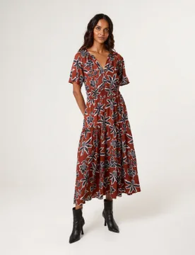 Notch Neck Elastic Tropical Print Dress - S / BROWN - female - Blue Vanilla - FashionsVida